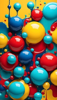Abstract image with vibrant blue and red blobs and liquid shapes on a yellow background, AI