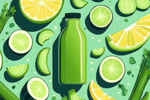 Abstract wallpaper composition with bottle of delicious green detox juice and fruits and