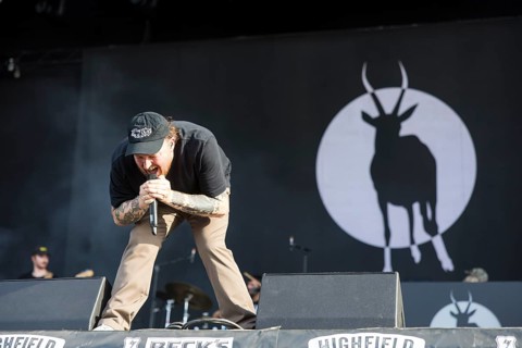 Panik Panzer (Tobias Pongratz), rapper of the Antilopen Gang at the Highfield Festival on Saturday,