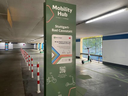 Advertising in a multi-storey car park for e-scooters for the Mobility Hub, Mobility Stuttgart App,