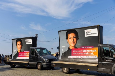 Election campaign event of the Sahra Wagenknecht BSW alliance on Dresden's Schlossplatz. Large