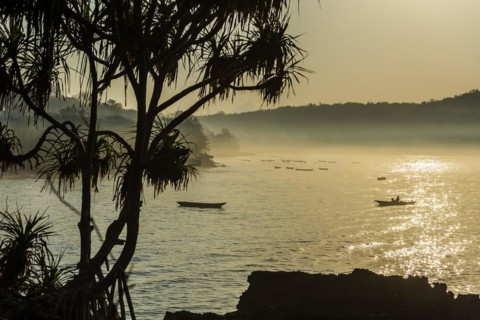 Bay of Nusa Lembongan in the morning, haze, morning mist, beach, bay, sea bay, coastal landscape,