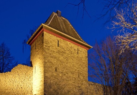 Illuminated Trinsen Tower in the evening, Old Town, Ratingen, Bergisches Land, North