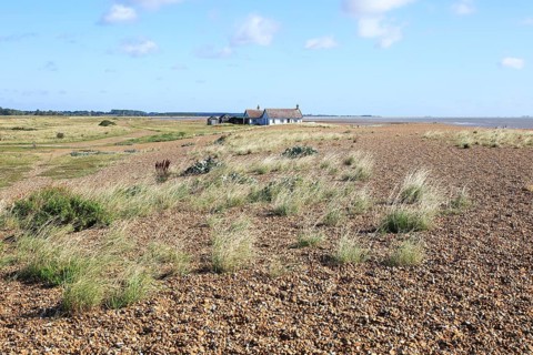 Bungalow house on Vegetated shingle beach, Shingle Street, Suffolk, England, UK