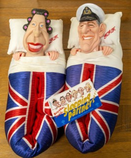 Spitting Image 'Sleeping Partners' novelty slippers product Queen Elizabeth and Prince Philip, UK