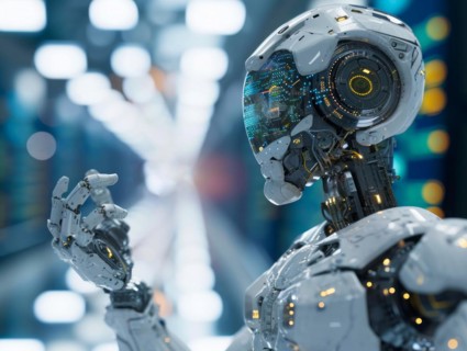 Futuristic Android robot holding a bitcoin, a concept of big data and AI, AI generated