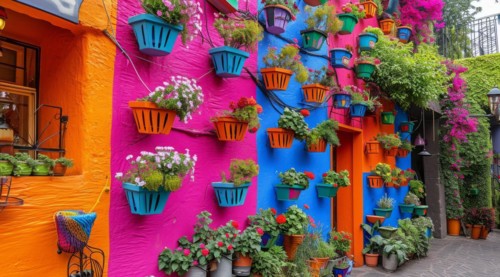Typical architecture of Mexican colonial colorful houses in historic city center, AI generated