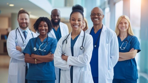 Team of diverse nurses and doctors in hospital providing excellent health care services, AI