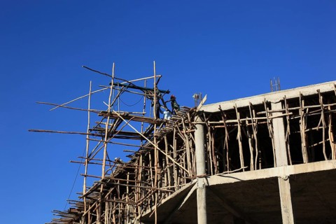 Scaffolding on a new building, wooden scaffolding, Ethiopia, Africa