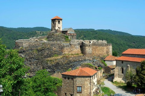 Medieval castle perched on a volcanic peak in Saint-Ilpize overlooking the Haut-Allier valley,