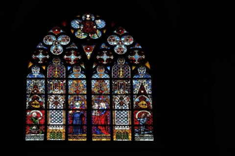 Church window with Mary, Jesus and knight figures, interior view, arts and crafts, stained glass,