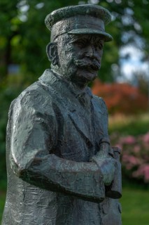Statue of Count Ferdinand Zeppelin, binoculars, cap, Friedrichshafen on Lake Constance,