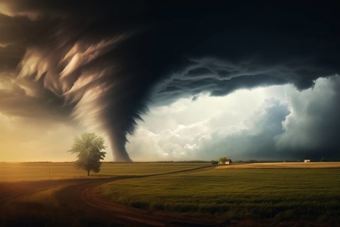 Disaster catastrophe storm concept, tornado in a field in the USA with road in field under stormy