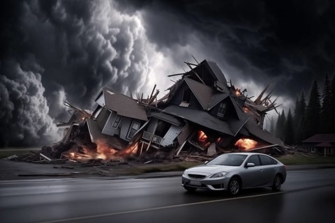 A car is in front of a destroyed by disaster house that is on fire, AI generated