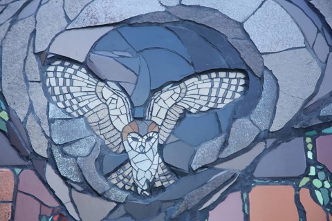 Wall mosaic with barn owl by Isidora Paz López 2019, one, bird figure, owl figure, flight,