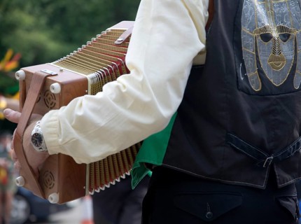 Accordion player for Morris dancers at country folk event, Shottisham, Suffolk, England, United