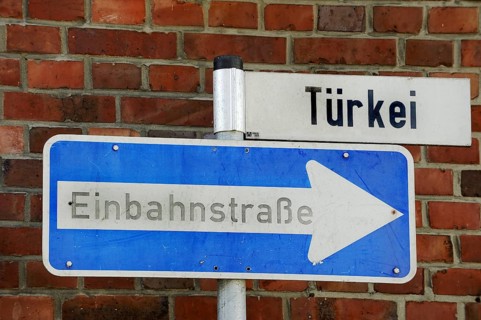 Street sign One-way street and sign with the street name Turkey, Steinfurt, Münsterland, North
