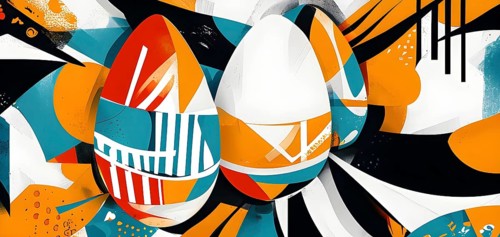 Illustration of an abstract Easter egg design with geometric patterns, bold colors, and a mix of