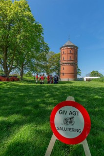 Nyborg Castle, medieval fortress with moat and ramparts, brick building, festival with soldiers in