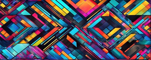 Abstract geometric patchwork illustration with vibrant intersecting geometric shapes filled with