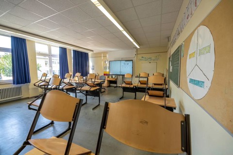 Classroom of a fourth grade, after school, the building is older but in good condition, modern