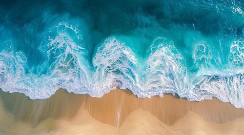 Drone bird's eye view of the ocean waves hitting the shore and sandy beach, AI generated