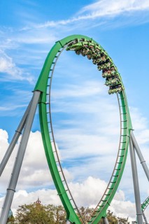 Park guest riding the Incredible Hulk Roller Coaster in Marvel Super Hero Island at Universal