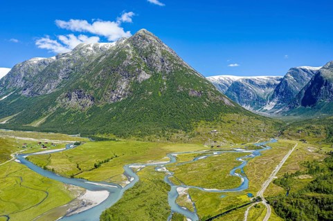 Aerial view of the road from Hafslo to valley Austerdalen at glacier Jostedalsbreen, Sognefjord