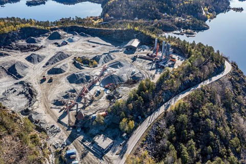 Aerial view of machines at a gravel pit near Risor, norwegian southern coast, Norway, Europe