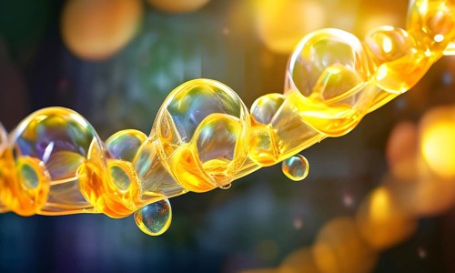 Helix shaped structure bathed in vibrant yellow interconnected with a string of iridescent bubbles,