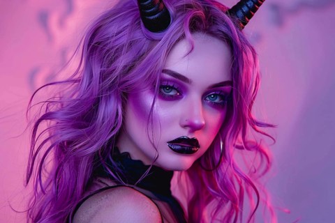 Young woman with Halloween costume devil horns and purple hair and makeup. Generative ai, AI