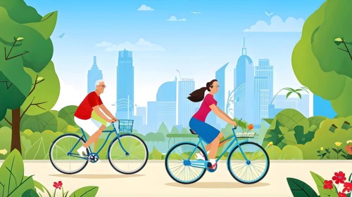 Vector cartoon illustration of an elderly couple cycling in a city park in summer, AI generated
