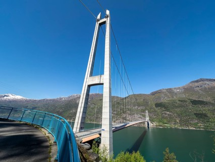 Suspension bridge over the Hardangerfjord, wideangle shot, spring, Hardanger, Norway, Europe
