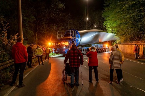Transport of a 68 metre long, 22 tonne blade of a wind turbine, here in Schwelm, with a