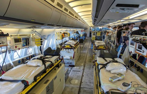 View of the Air Force Airbus A310 MRT Med Evac, Mediacal Evacuation. The MRT MedEvac Airbus serves