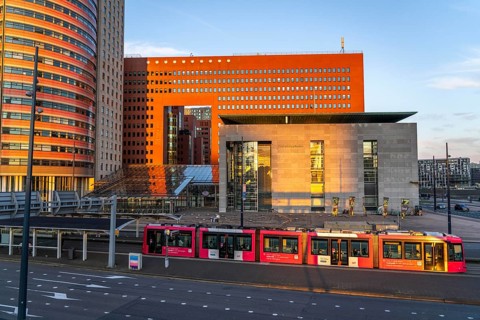 Courthouse, right, building of the public prosecutor's office, red, on Wilhelminaplein, on the