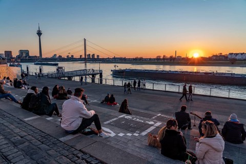 Rhine promenade, Rhine bank at the old town of Düsseldorf, stairs at the castle tower,