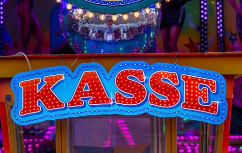 Funfair, fairground, illuminated sign for the cash desk of a fairground ride