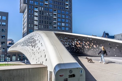 The Parkbruk, cycle and pedestrian bridge in the city centre of Antwerp, crosses a multi-lane city