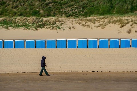 Beach cabins on the North Sea beach near Zoutelande, Zeeland, at low tide, dunes, Netherlands