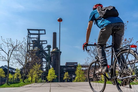 Phönix West, old steelworks in DortmundBiking in the Ruhr area, Franz slagheap, slagheap sign,