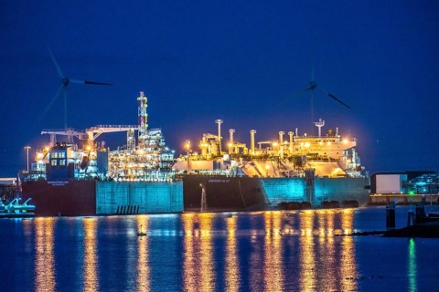EemsEnergyTerminal, floating LNG terminal in the seaport of Eemshaven, tankers bring liquefied
