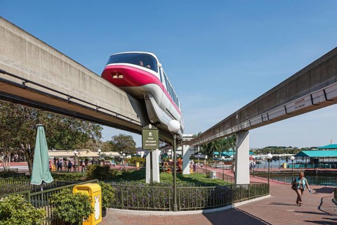 Elevated electric monorail train at the Magic Kingdom in Walt Disney World, Orlando, Florida, USA,