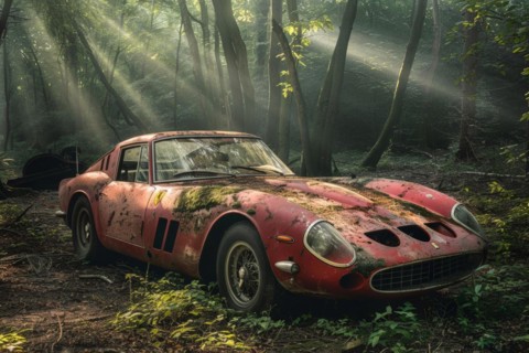 An old, weathered and dusty Italian racing sports car vintage car, wreck, of the type Ferrari GTO