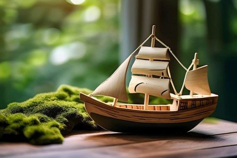 Vintage wooden sailing ship toy with a playful design in front of blurred background, AI generated