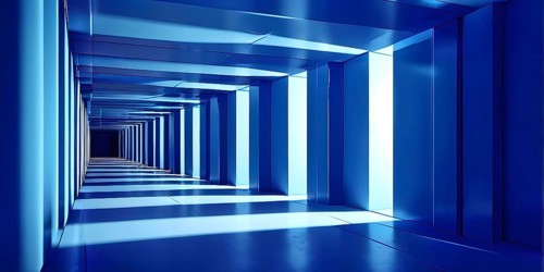 Windows aligned within an elongated tunnel permeated with gradients of blue hues, AI generated
