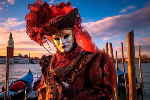 A person adorned in a richly detailed and colorful carnival costume, complete with an elaborate