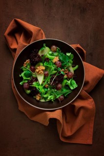 Fresh salad, waldorf, celery stalk, with apple and walnut, grapes, herbs, homemade, no people