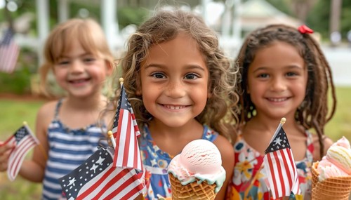 Cute children celebrating with friends and family outdoors with ice cream cones. generatvie AI, AI