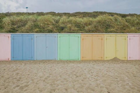 Colourful pastel beach cabins, beach, beach hut, colour, Domburg, Netherlands